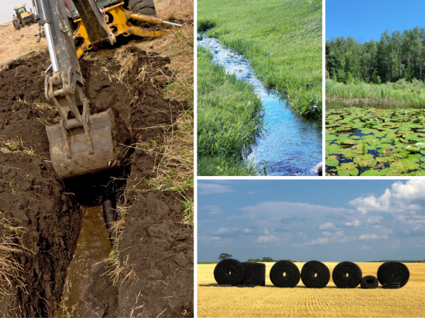 Four-image collage illustrating agricultural tile drainage, including equipment digging a drainage trench, a stream, a wetland ecosystem, and rolls of drainage tile staged in a farm field.